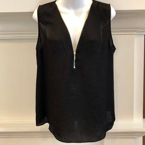 INC Sleeveless Black Blouse w V-Neck Zipper L EUC